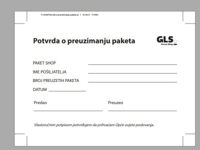 Tisak blok A6 NCR 100/1 Potvrda o preuzimanju paketa, paket shop GLS