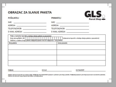 Tisak blok A5 NCR Obrazac za slanje paketa 100 lista GLS 1/0