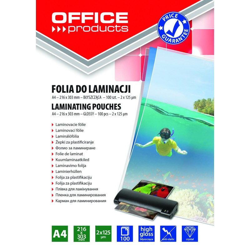 Folija za plastificiranje A4 125mic 100/1 sjajna Office products 17094