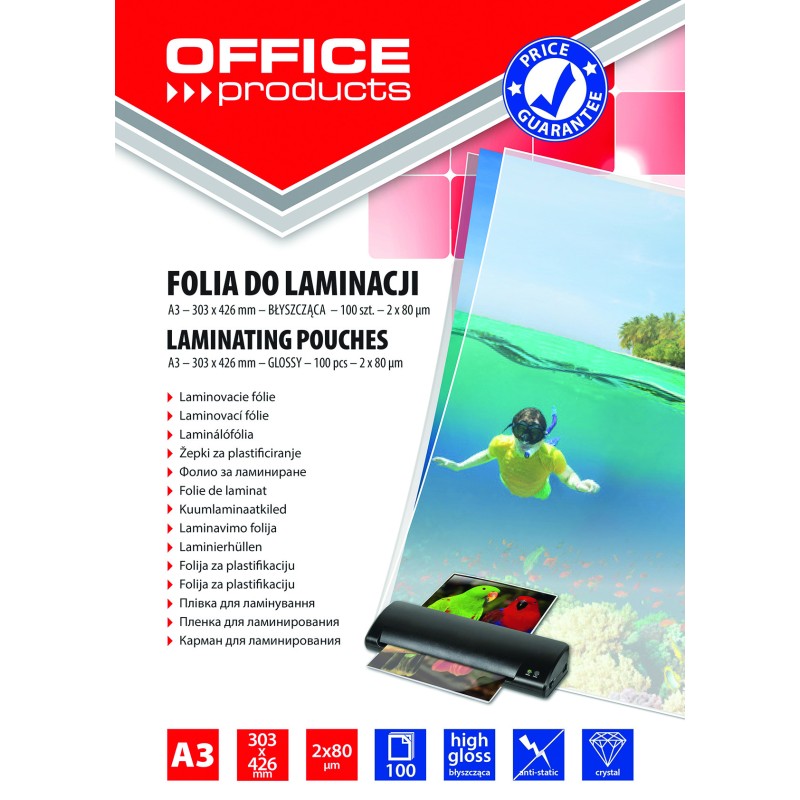 Folija za plastificiranje A3  80mic 100/1 sjajna Office products 17036