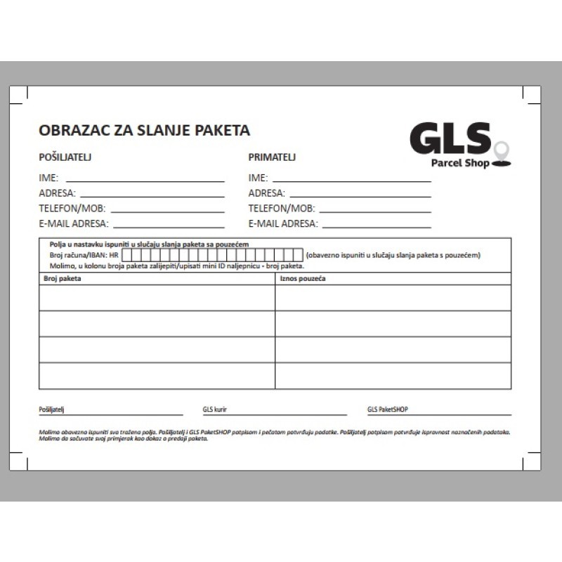 Tisak blok A5 NCR Obrazac za slanje paketa 100 lista GLS 1/0 30108