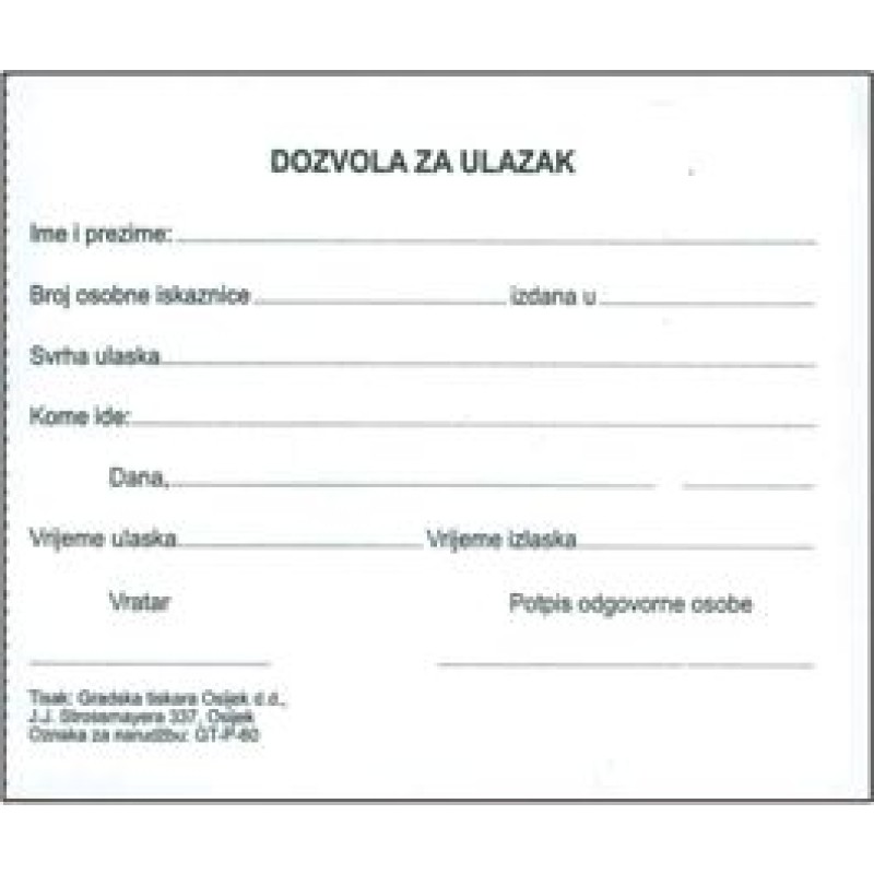 TI.I-60 Dozvola za ulazak, 100 listova 20503