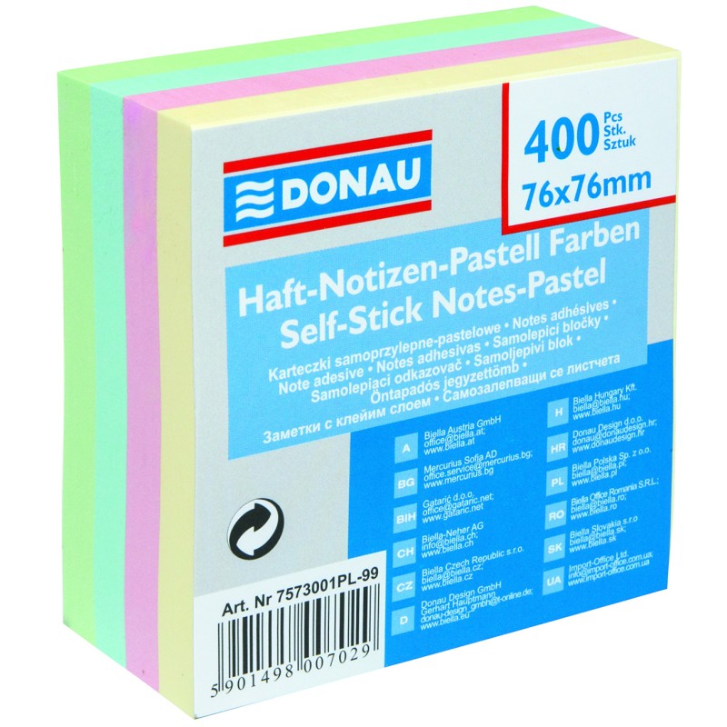 Blok samoljepljivi  76x76mm 400 listova Donau mix pastel 30941