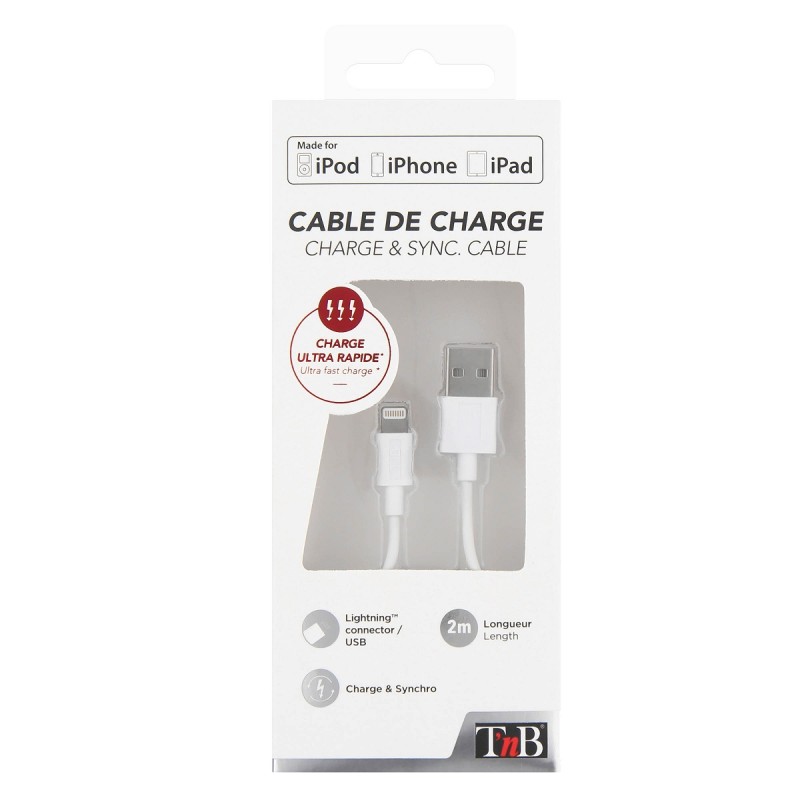 Kabel Lightning USB T'nB punjač,data - iPod, iPhone5/6/7/8/X - 2m - White 22738